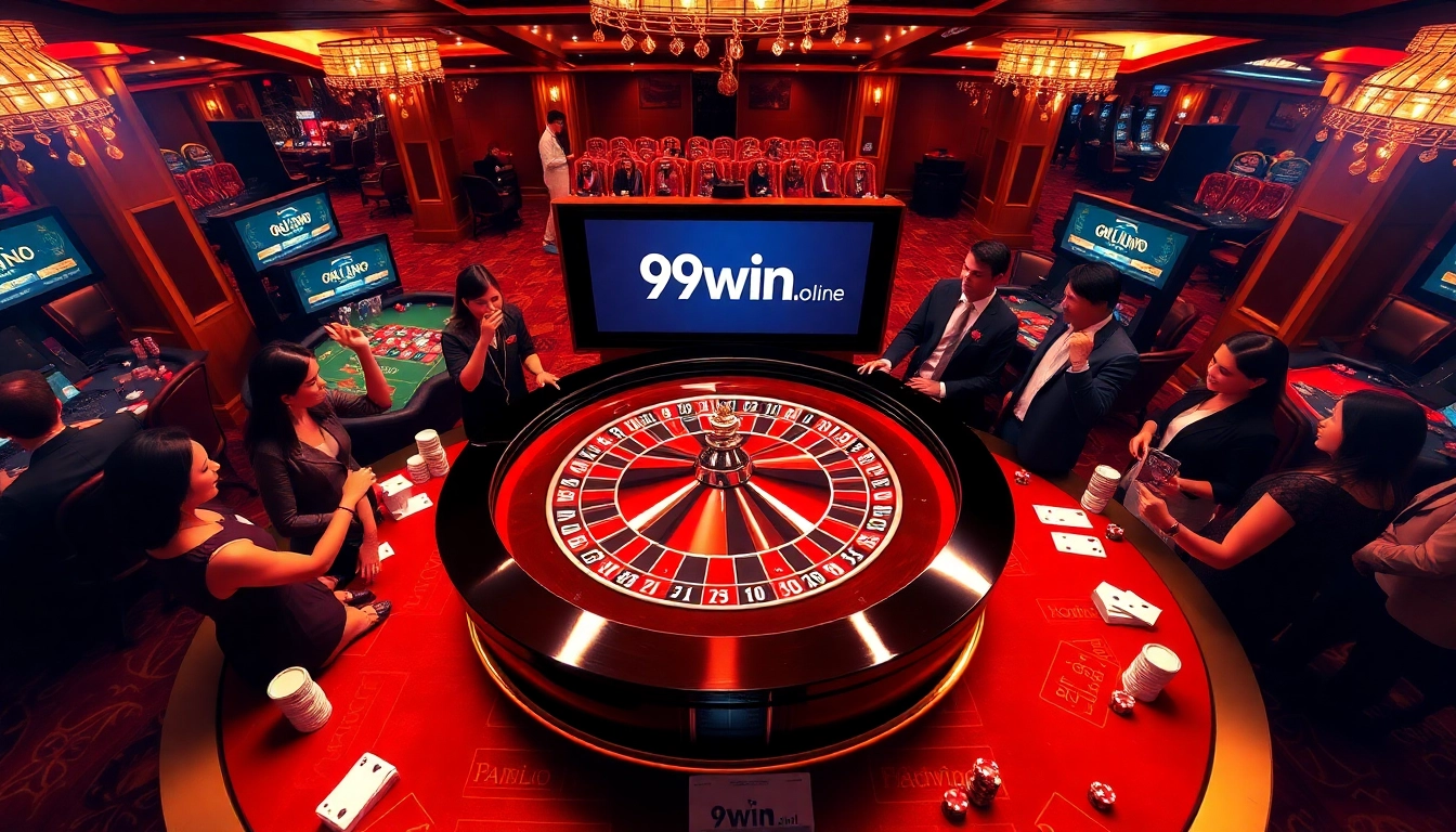 Gamblers enjoy a thrilling roulette experience at https://9win1.online/, surrounded by vibrant casino decor and poker chips.