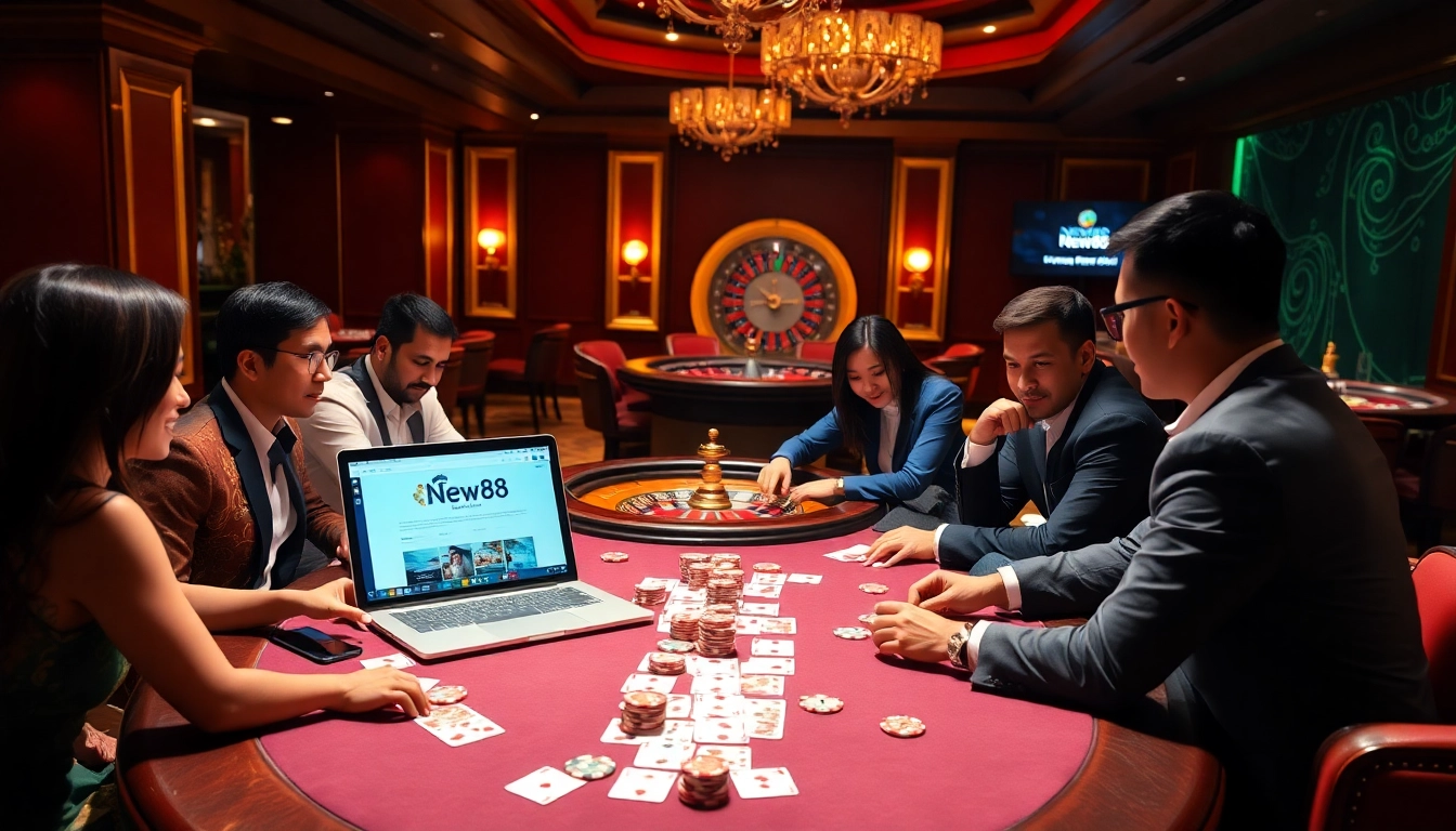 Exciting casino scene at https://vnew88.vip/ showcasing a high-stakes poker game with professional players and vibrant casino elements.