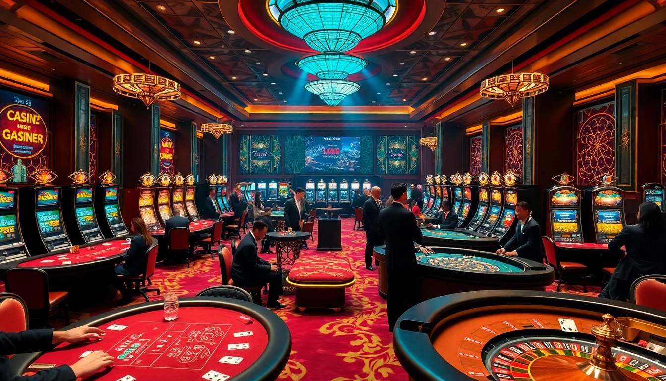 Players winning at LC88 casino amidst luxury gaming tables and slot machines.