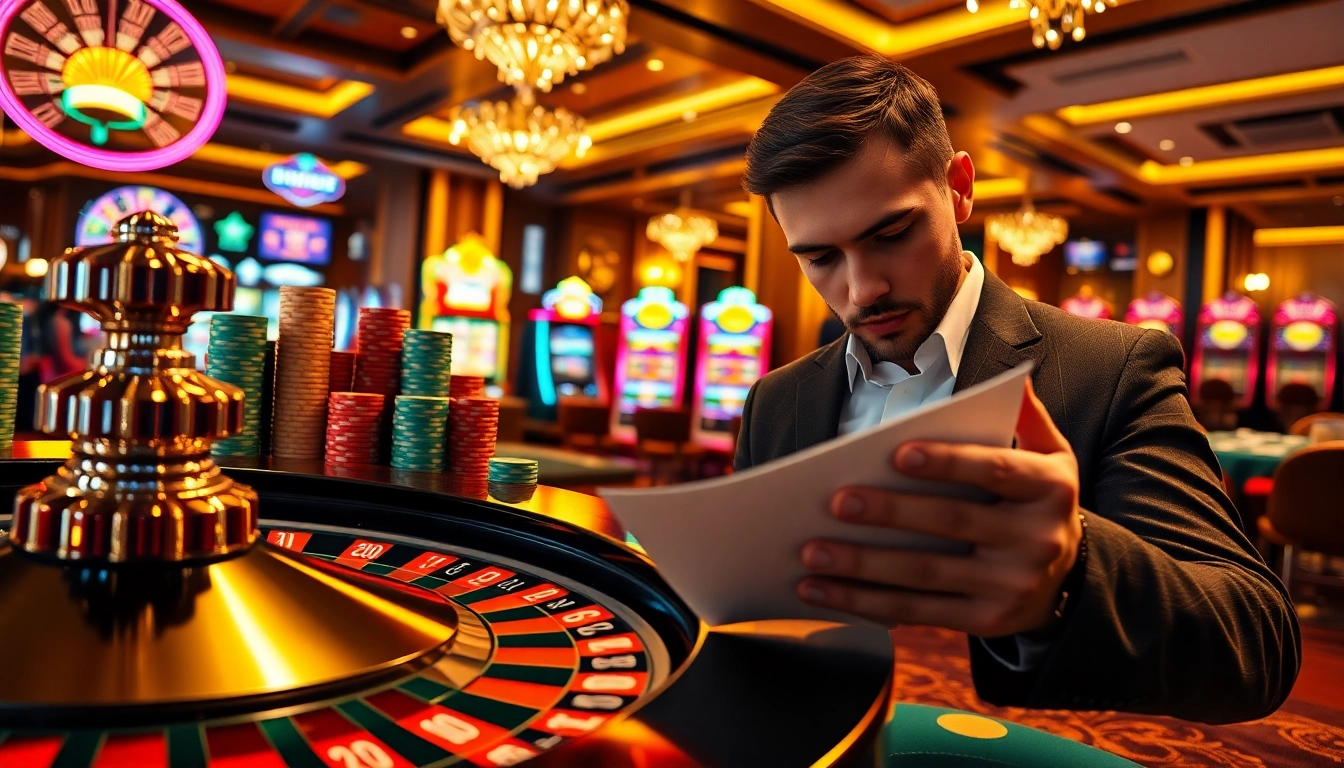 rr88 player analyzing a betting slip at an upscale casino with vibrant slot machines