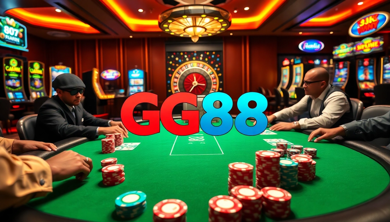 Experience luxury gaming at GG88 with vibrant tables, poker chips, and a lively casino atmosphere.