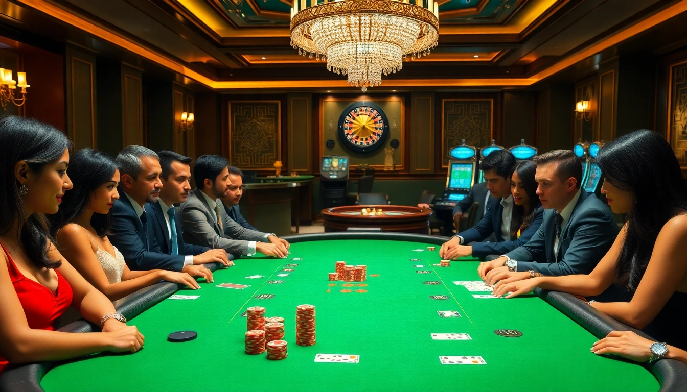 Players enjoying poker at https://99win1.us.com/, showcasing excitement and luxury in a casino.