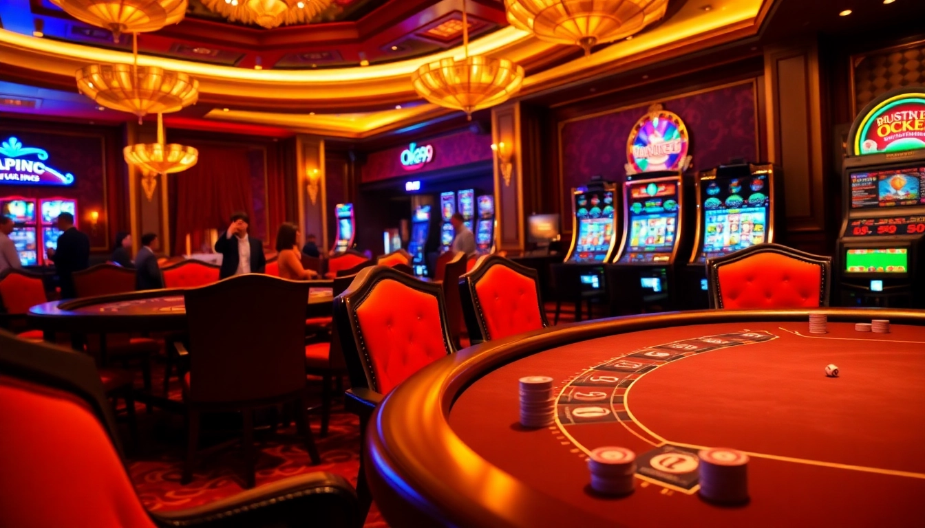 Excited players engage at Oke99 casino with vibrant poker and roulette setups.