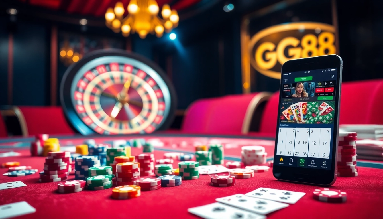 GG88 gaming excitement with vibrant casino tables, poker chips, and thrilling roulette action.