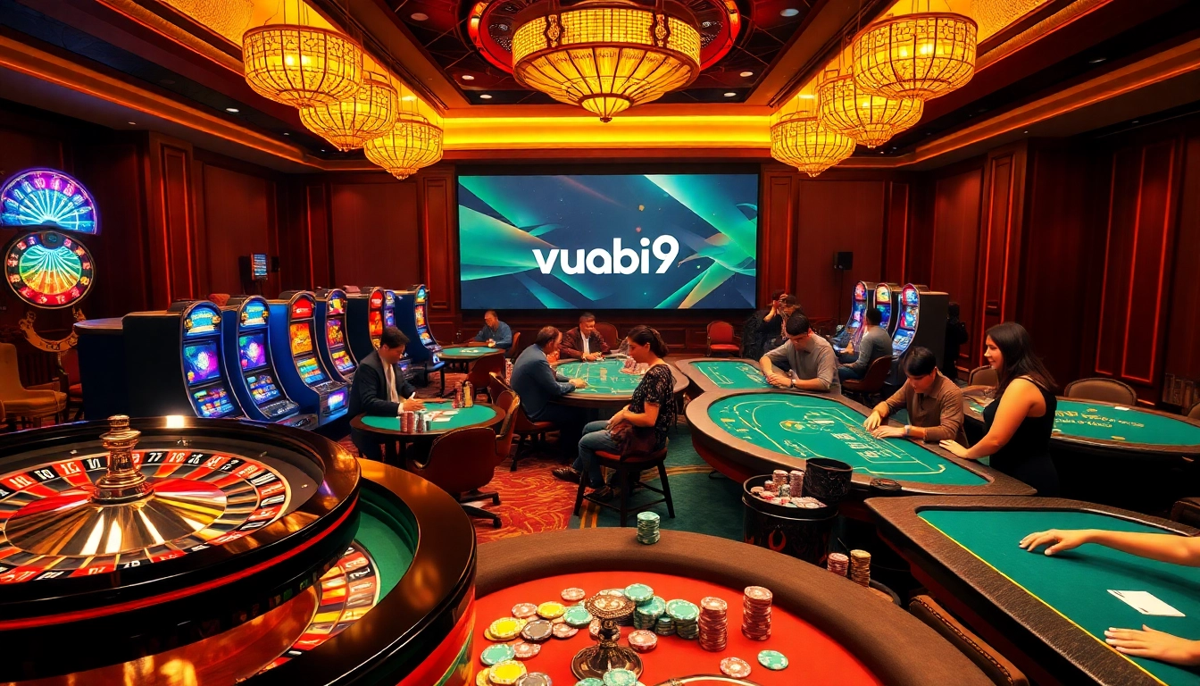 Players enjoying casino games at vuabai9, featuring roulette, slots, and poker tables.