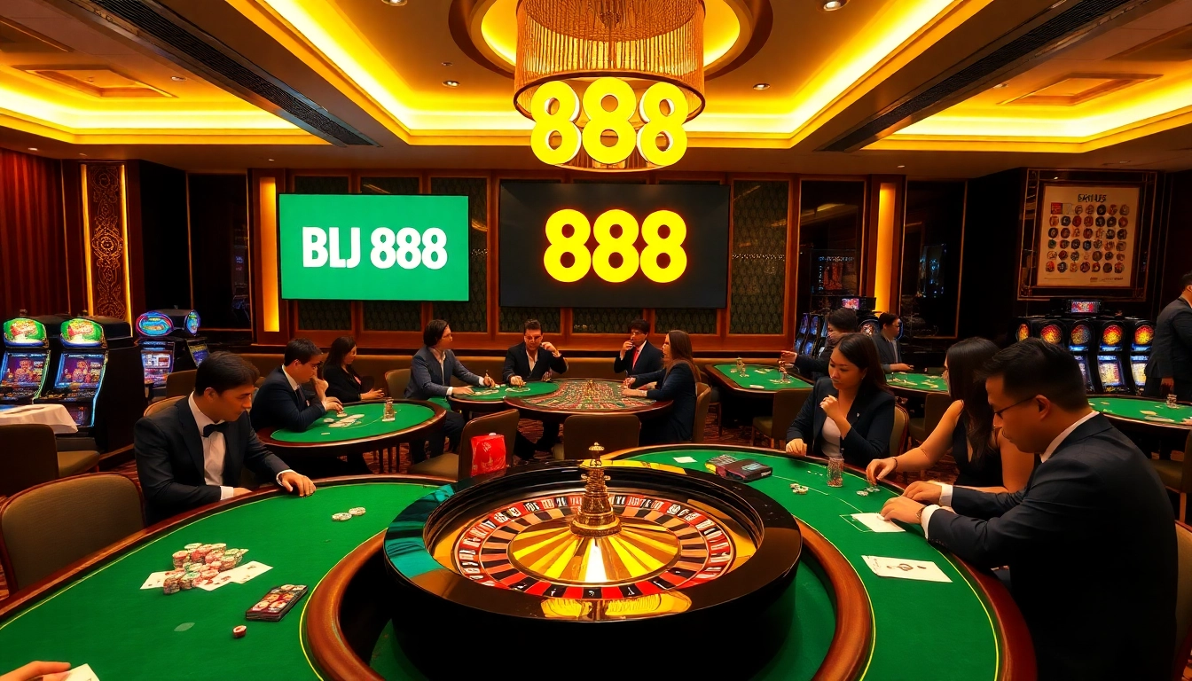 Experience the thrill of BJ 888 with an engaging casino scene featuring tables and players.