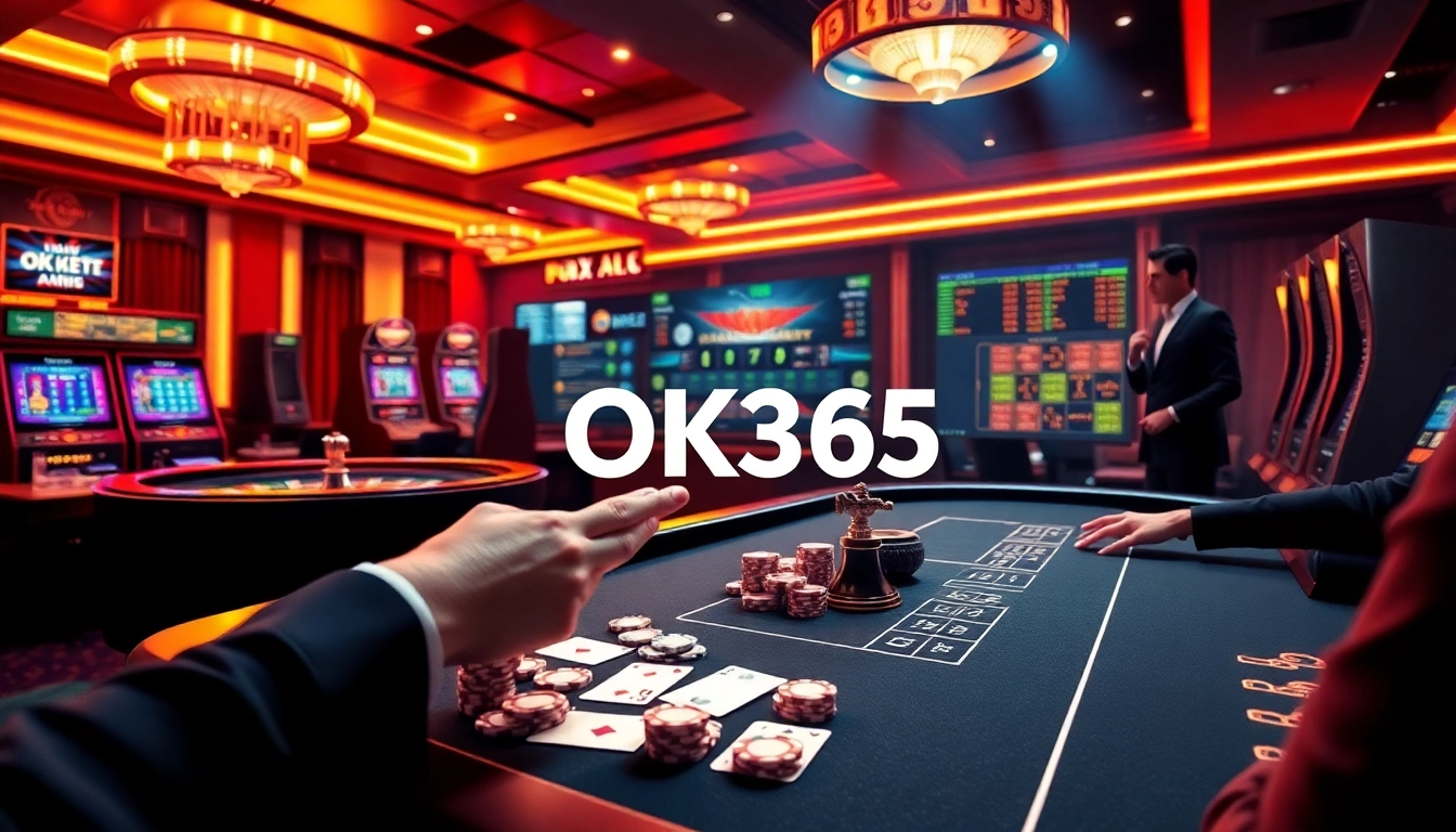 Online gambling scene showcasing OK365 with poker chips and casino tables.
