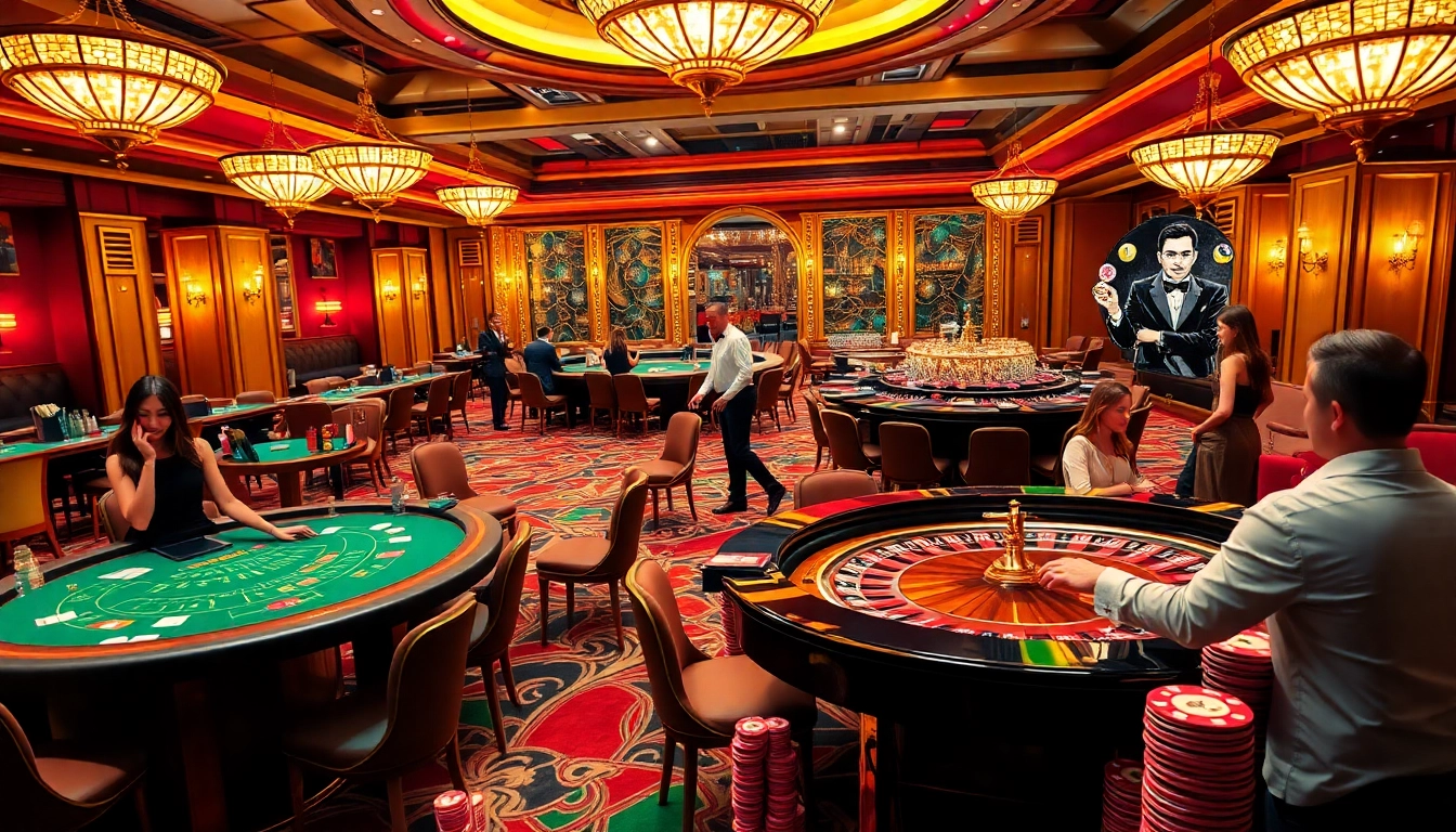 Players enjoying games at the luxurious 13Win casino with poker chips and vibrant tables.