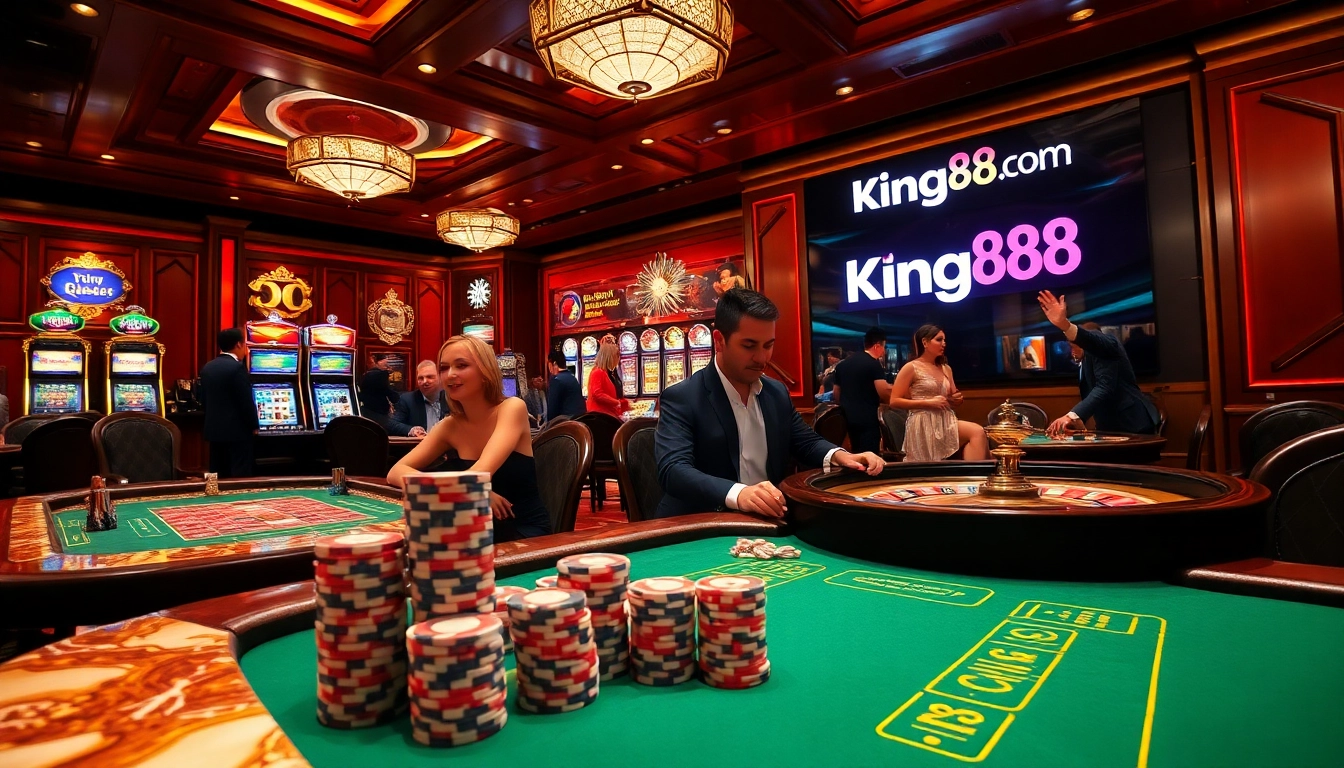 Experience the thrill of gambling at King88 com with luxury casino tables, exciting games, and vibrant poker chips.