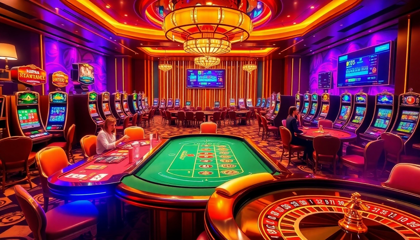 Experience thrilling action at https://tha-bet.pro/ with players engaging in casino games surrounded by vibrant slot machines and betting tables.