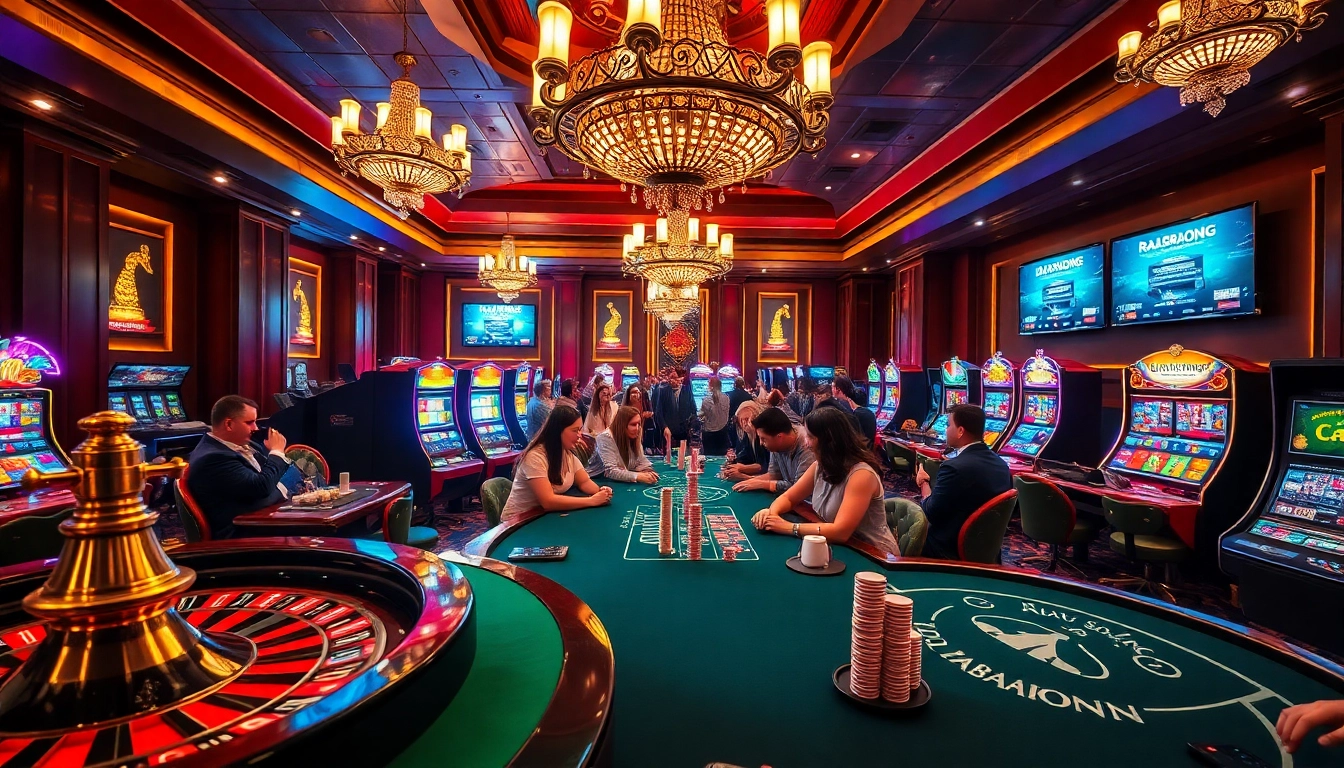 RAJABARONG showcases a lively casino atmosphere filled with roulette wheels and excited players.
