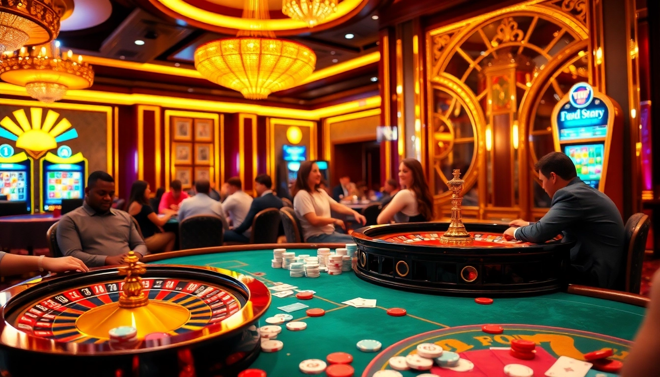 A vibrant casino poker scene highlighting exciting gameplay at jun88.com, showcasing colorful chips and cards.