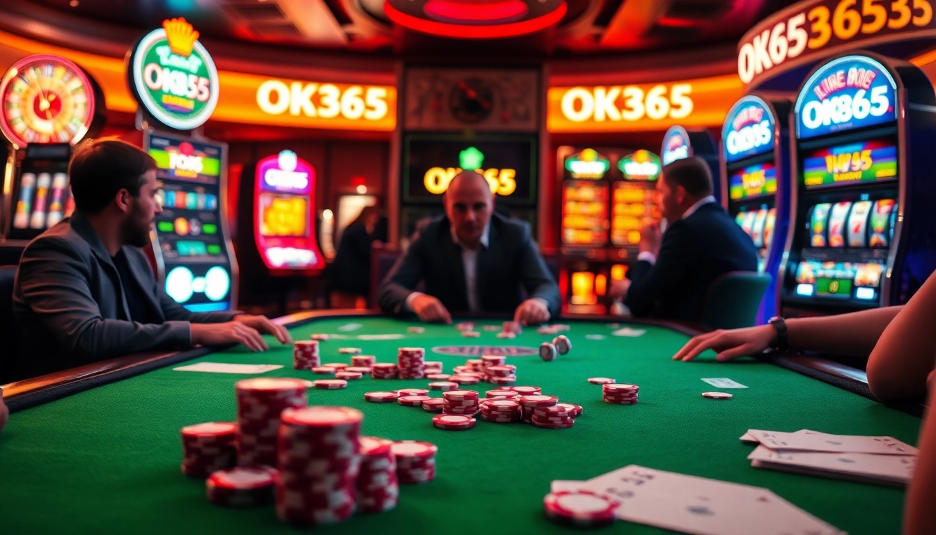Experience the excitement of OK365 with players engaging in an intense casino game surrounded by vibrant slot machines and poker chips.