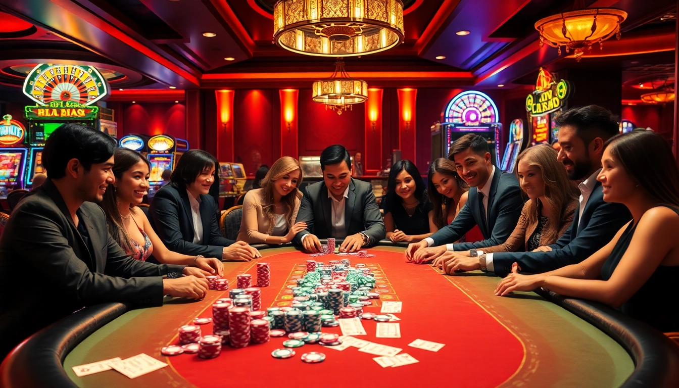 Players engaging around a high-stakes poker table at 78winbiz.com, with vibrant casino atmosphere and exciting visuals.
