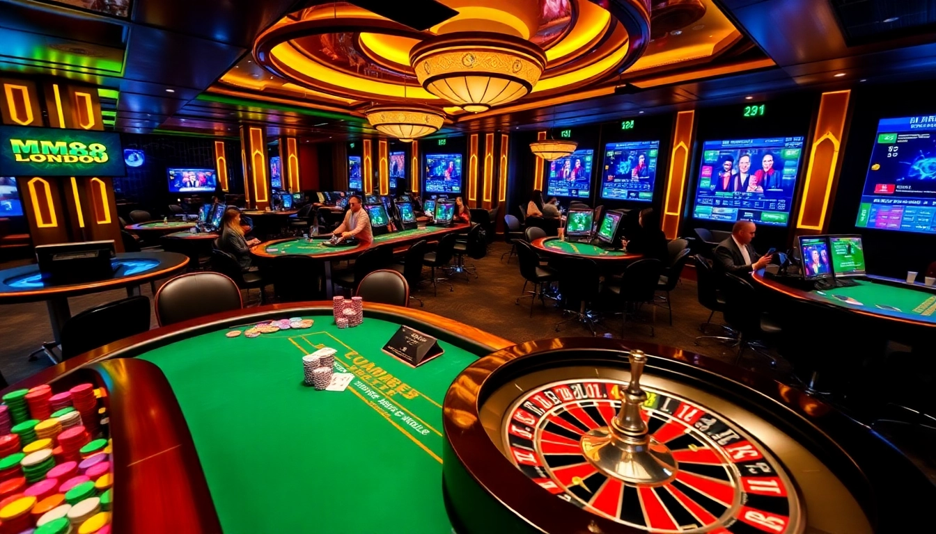 Exciting gaming scene at MM88 London casino with poker tables and roulette wheel.