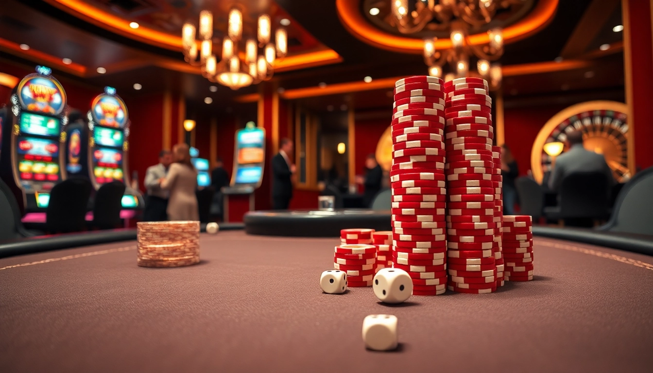 Experience gambling excitement at https://topxx88.com/ with a luxurious poker table and vibrant slot machines.