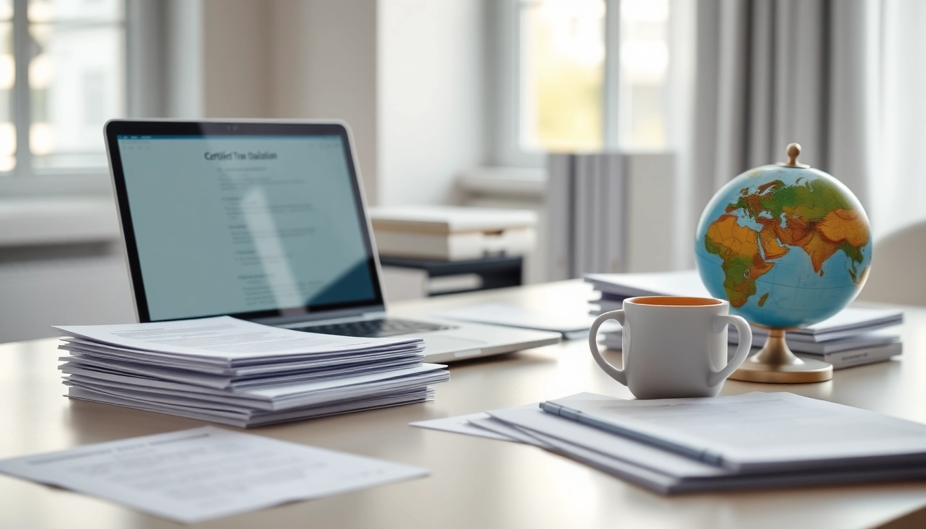 Certified translation workspace with documents, laptop, and globe.