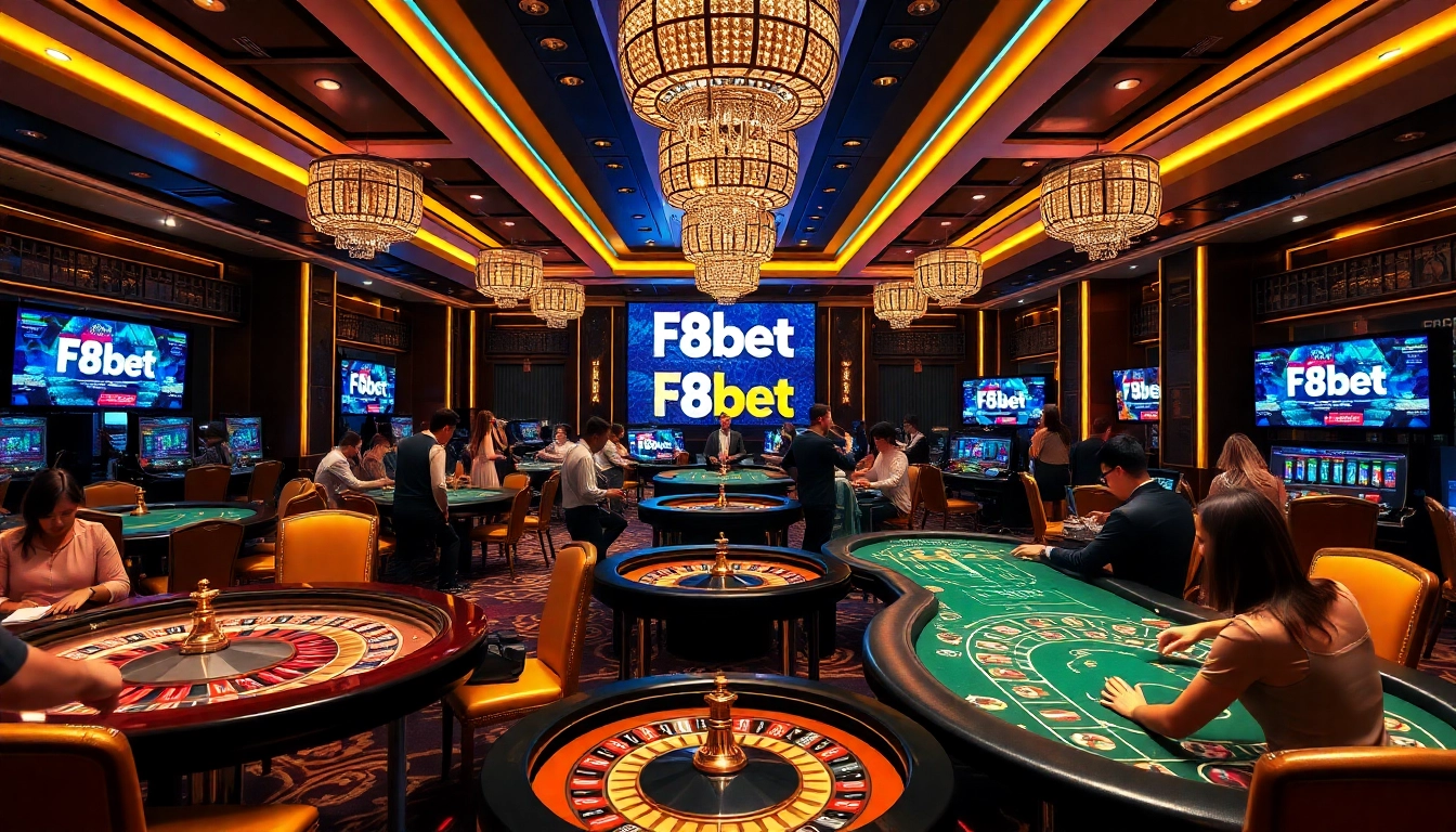 F8bet players enjoying thrilling casino games in a vibrant, luxurious setting.