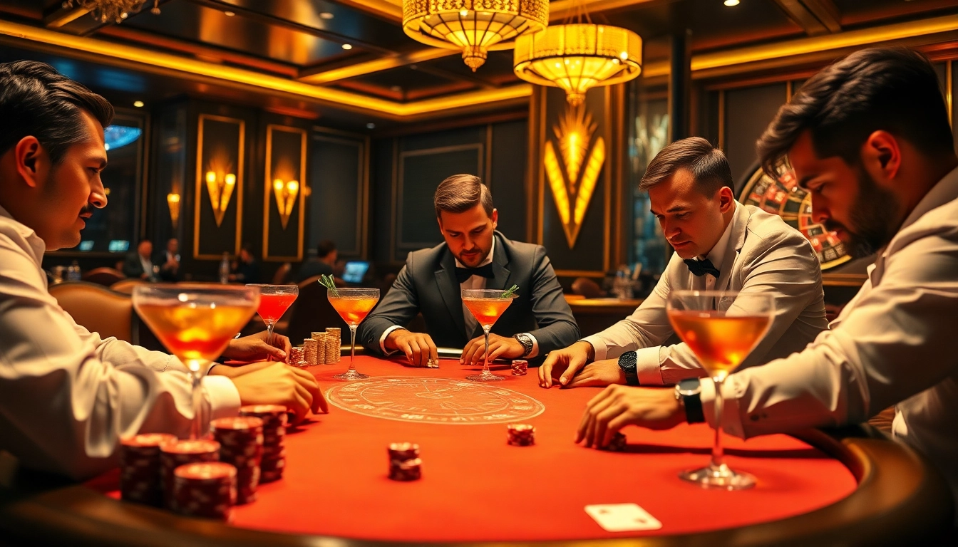 Professional poker players engaged in a high-stakes game at https://winbet7.vip/ casino, showcasing excitement and luxury.