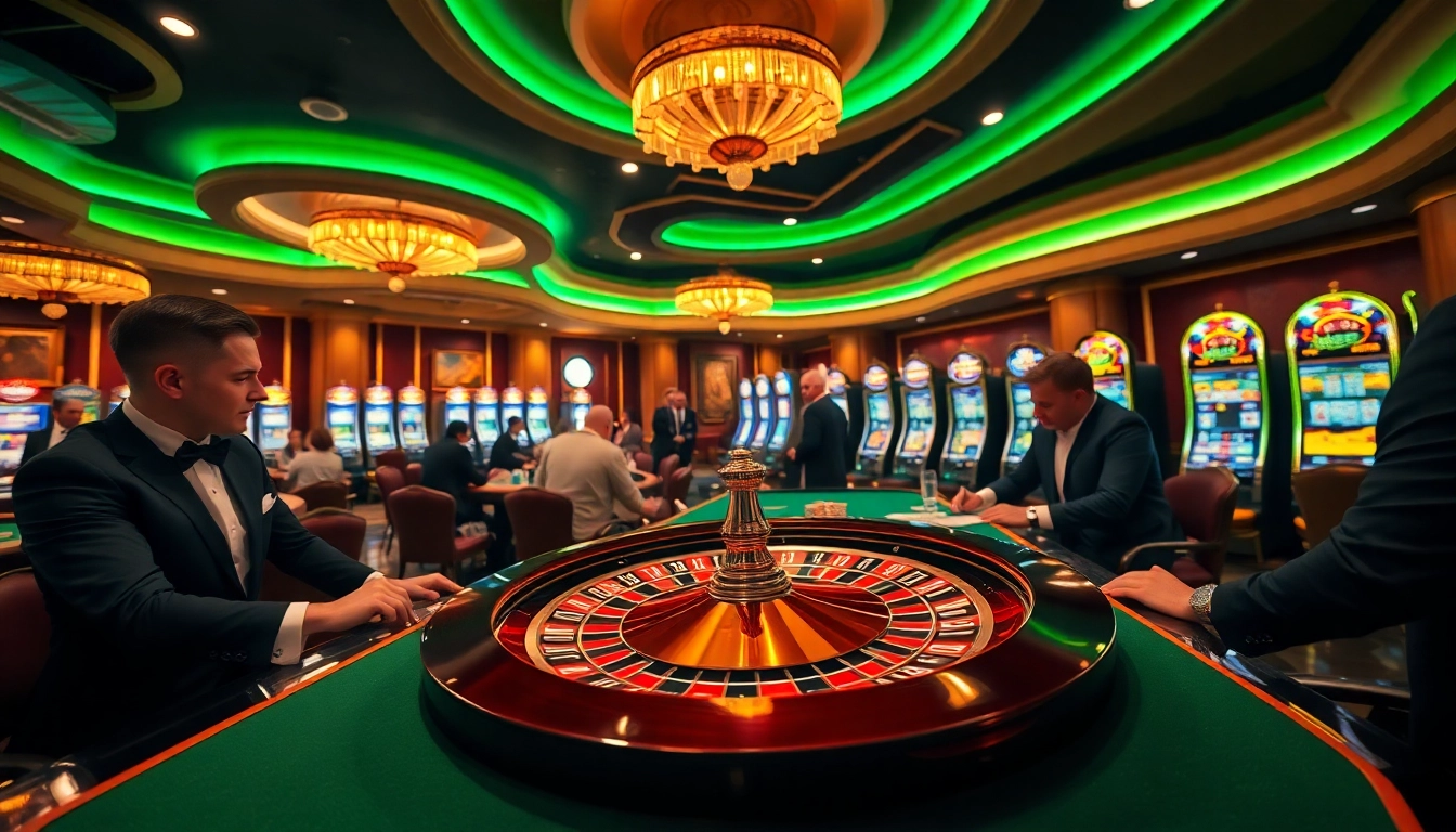 Exciting casino experience showcasing f168 with players at a roulette table and vibrant slot machines.