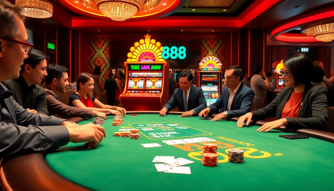 Exciting poker game at TK88 casino with vibrant chips and cards in play.