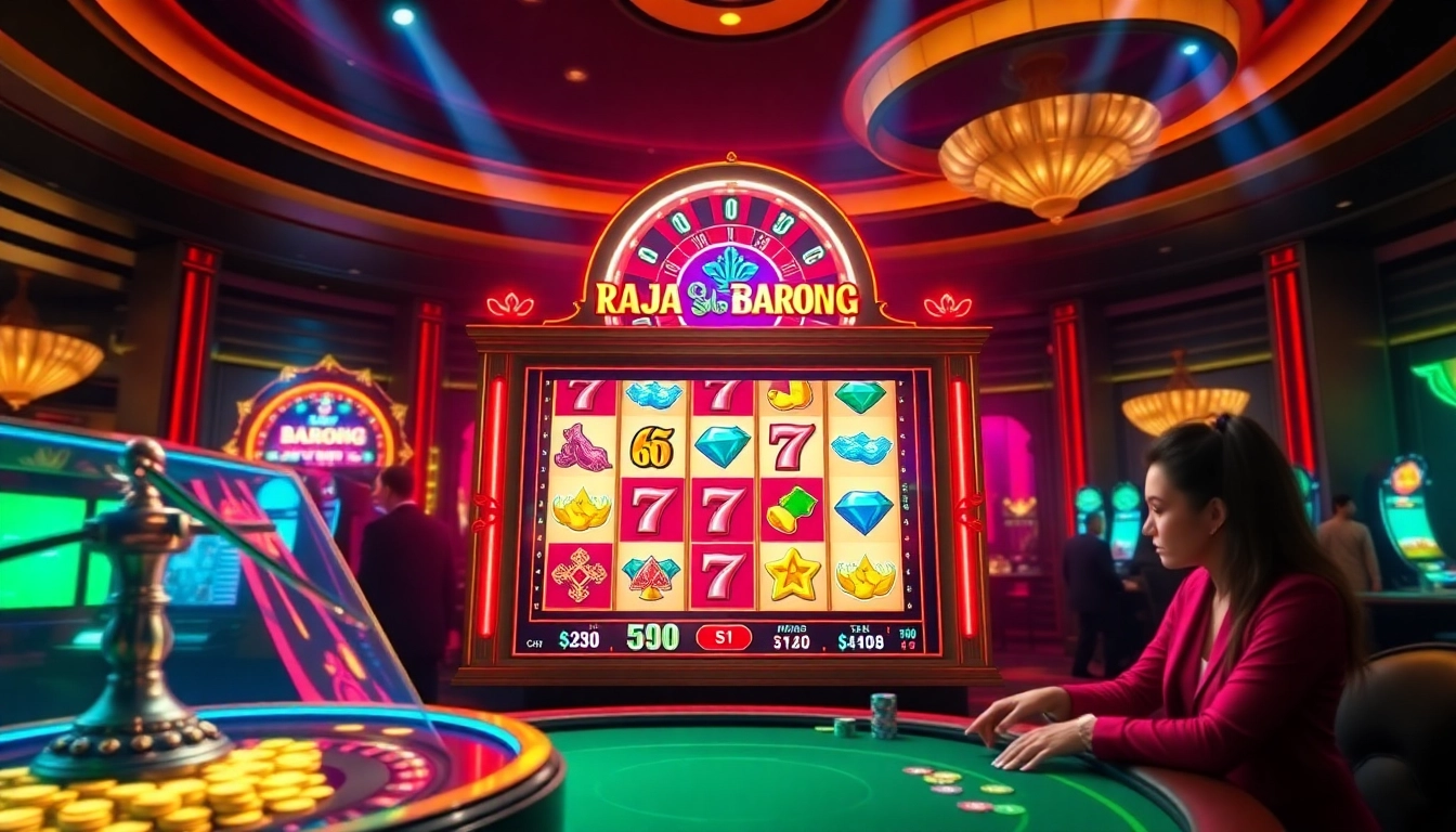 Experience the thrill of raja barong slot in a luxurious casino setting filled with vibrant slot machines and eager players.