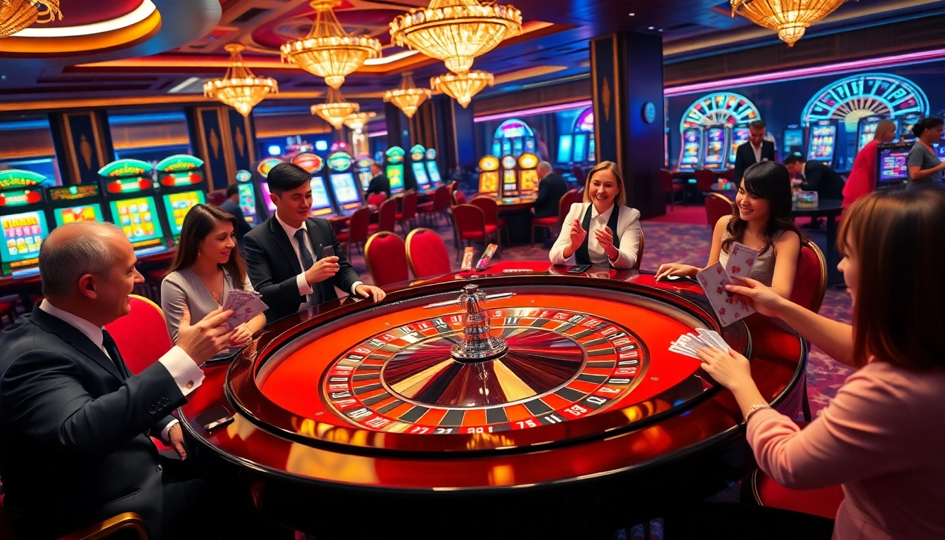Exciting casino scene featuring players at a roulette table, celebrating wins during their đăng nhập uk88 experience.