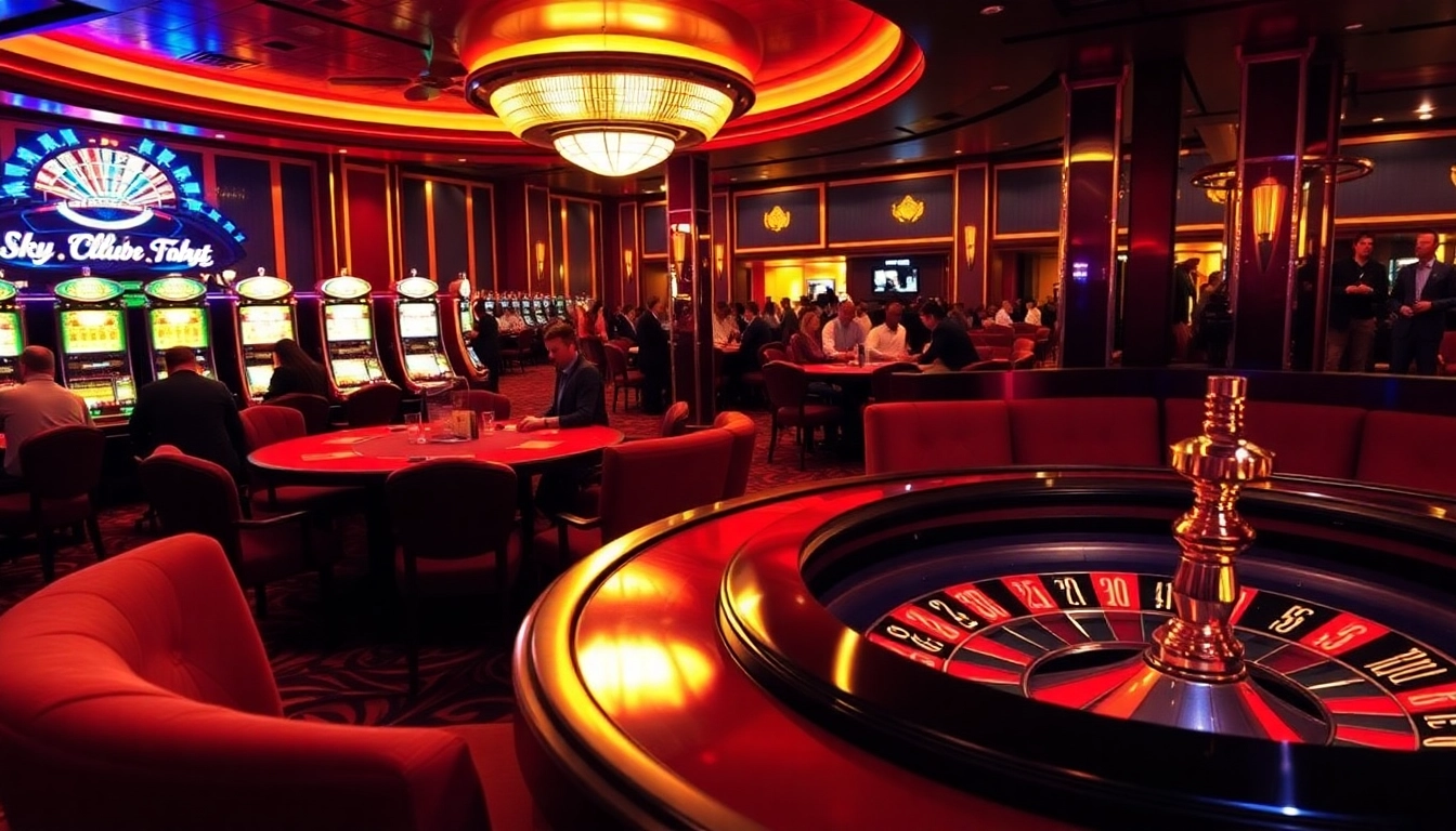 Players enjoy an exciting game night at the Sky Club casino with vibrant tables and slot machines.