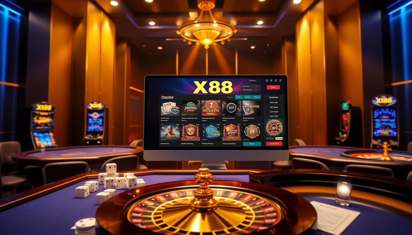 Experience thrills at XX88 HOW with vibrant slot machines and lively poker tables in a luxurious online gaming environment.