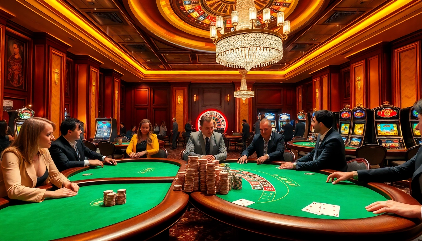 Win55 players strategizing at a luxury poker table in a vibrant casino atmosphere.