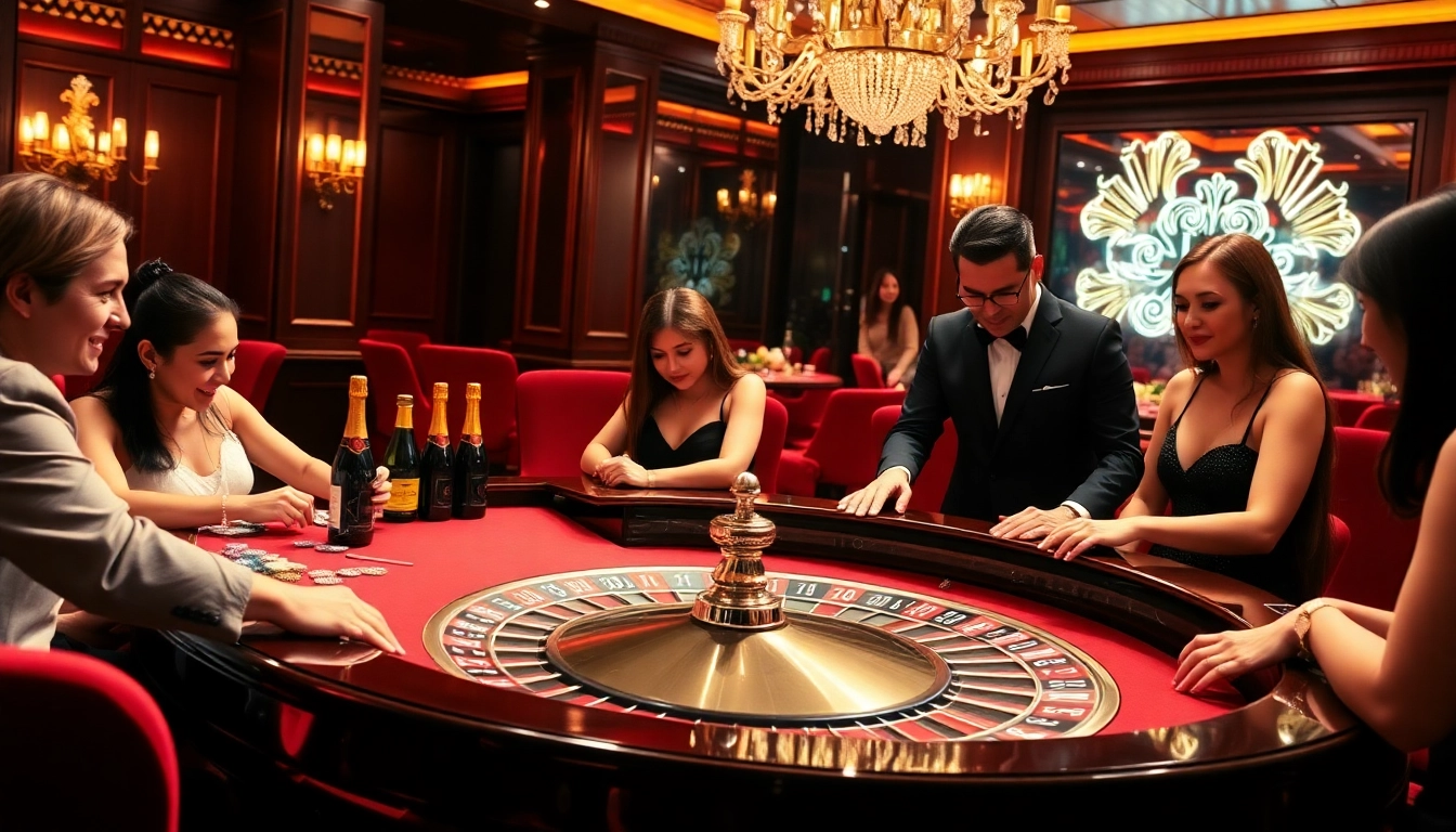 Exciting roulette action at RR88's luxurious casino, showcasing players placing bets and enjoying the thrill.