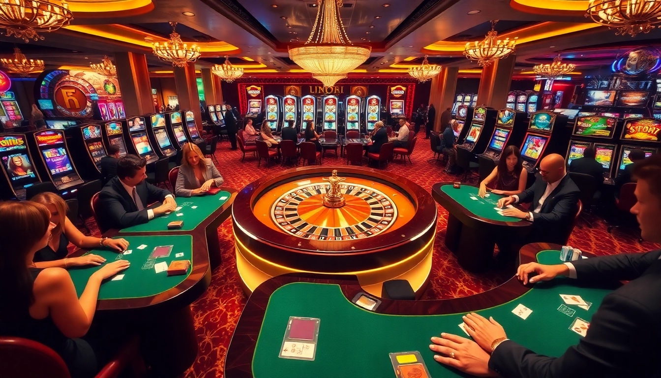Engaging gamblers at surrounded by a vibrant casino atmosphere with roulette and poker games.