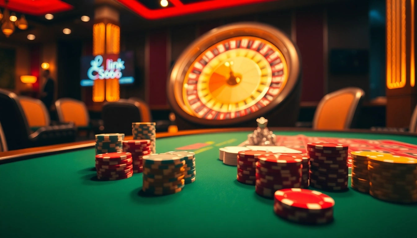 Engaging players at the vibrant poker table with link S666 displayed in a luxurious casino environment.