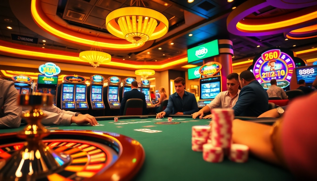 Engaged players at a poker table in a vibrant casino, inspired by 888b.com.