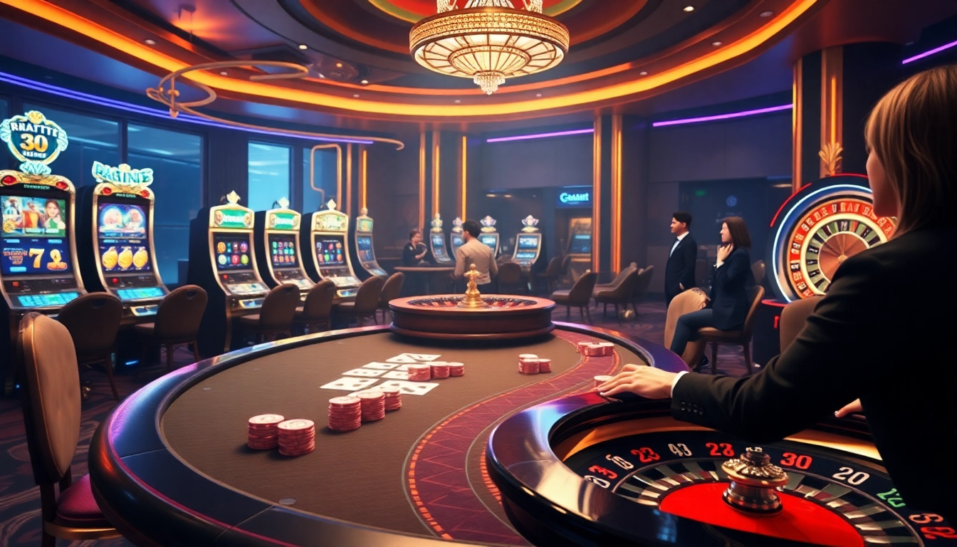 Experience the excitement of Bugatti8 with dynamic casino visuals of poker tables, slots, and roulette.