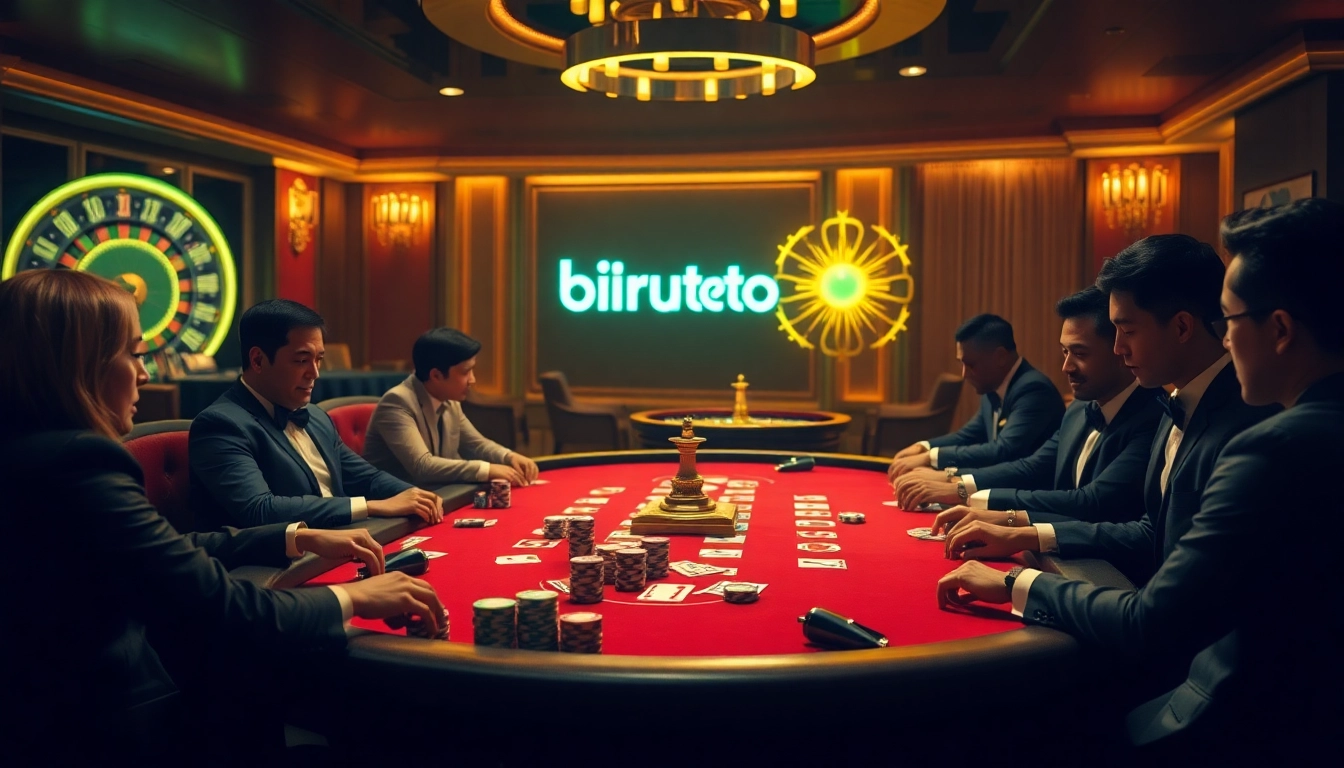 High-stakes poker action with Birutoto branding, colorful chips, and intense players.