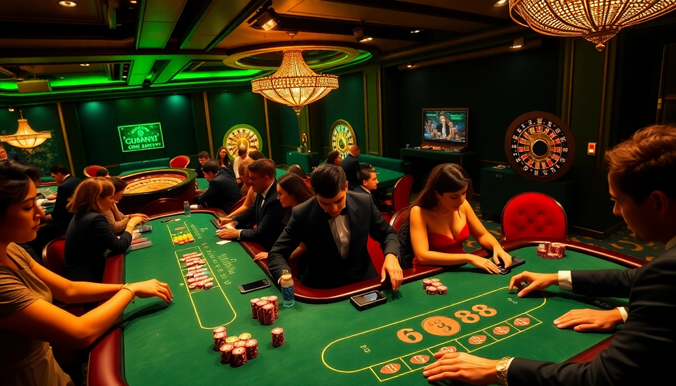 Players engaging in high-stakes poker at GG 88 casino table, showcasing luxury gambling experience.
