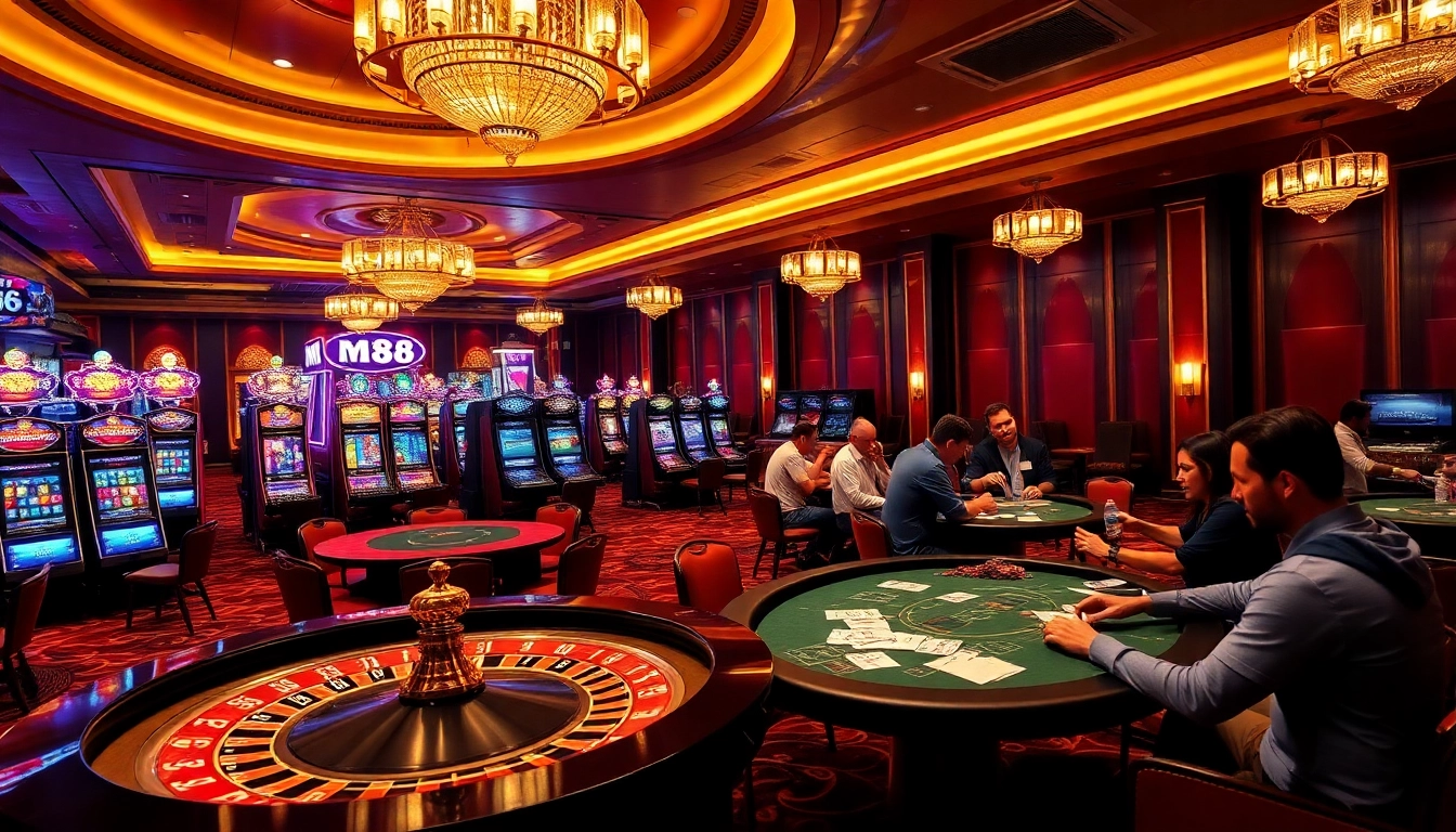 MM88 players enjoying high-stakes poker and slot machines in an elegant casino.