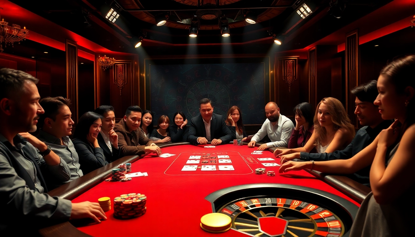 Engaging poker players at a luxurious table, highlighting https://rikvip.college/ for a thrilling gaming experience.