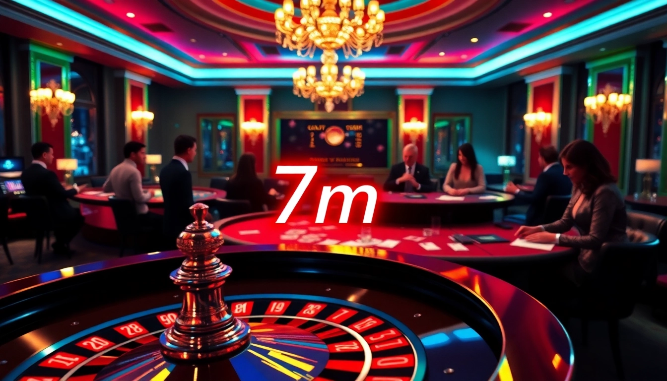 Exciting casino scene showcasing poker, roulette, and vibrant betting elements with 7m.