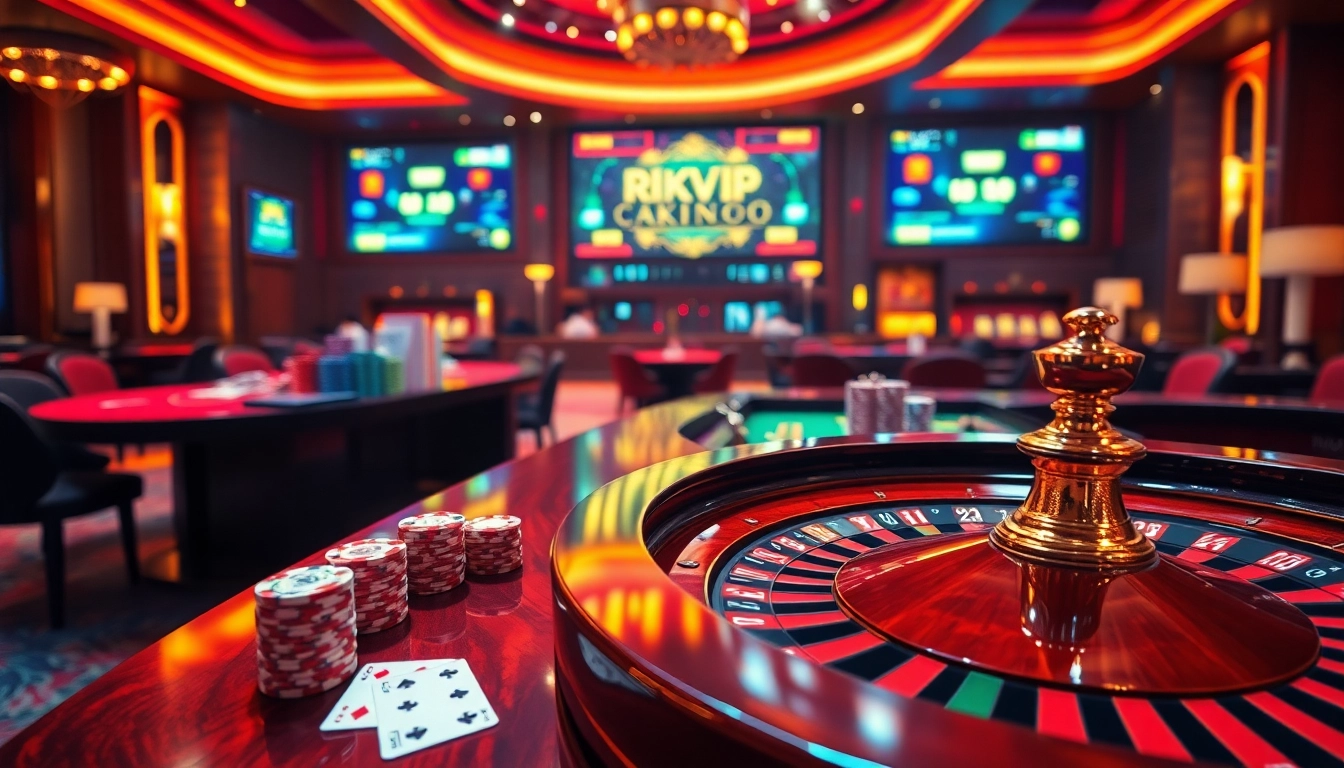 Experience thrilling gambling at RIKVIP with vibrant tables, cards, and chips in an exciting casino atmosphere.