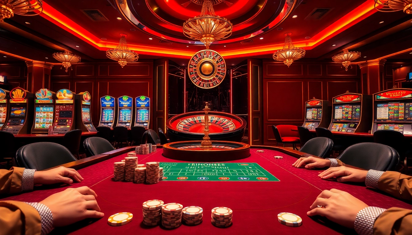 Experience an exhilarating casino atmosphere at https://rr88.auction/ with players engaged in high-stakes poker and vibrant slot machines.