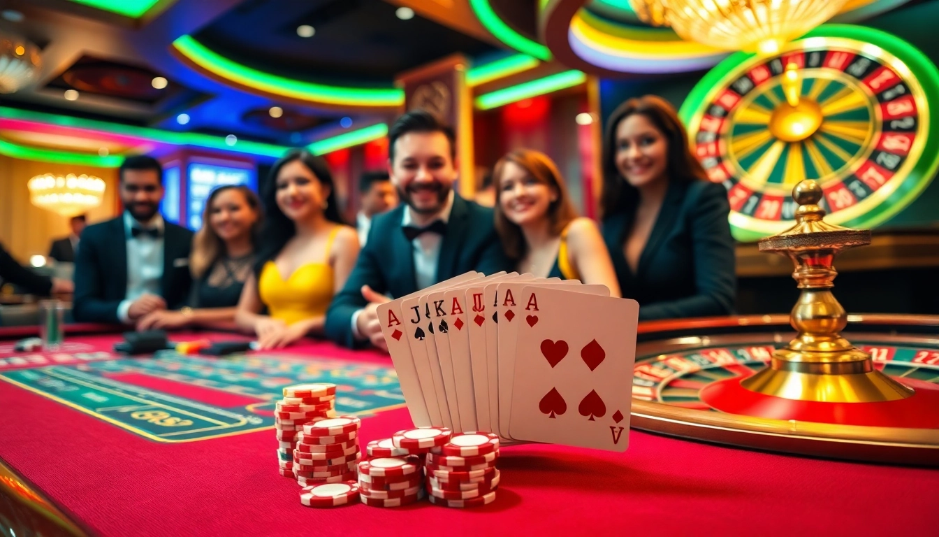 Excited gamblers at a baccarat table showcasing the luxury of https://f168.studio/ with colorful chips and cards.