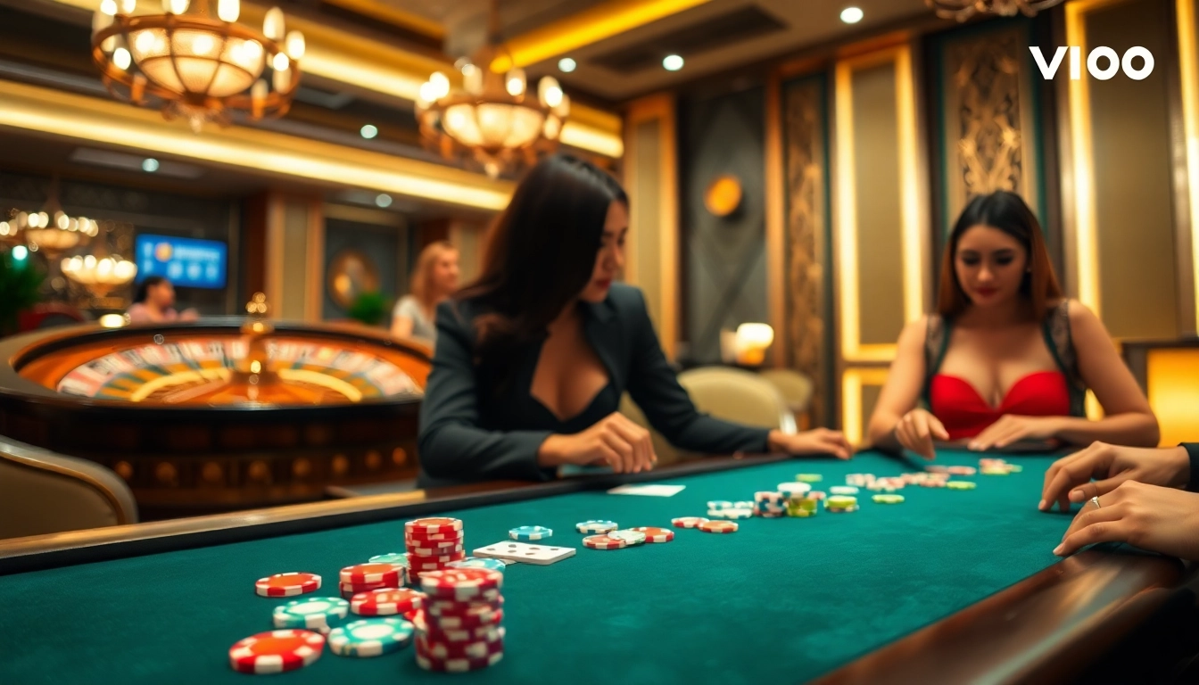 Experience the thrill of vn88 gaming at a luxurious casino table with vibrant poker chips and cards.