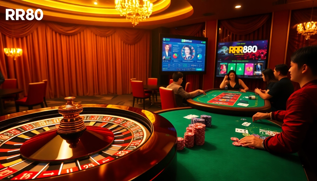Players engaging in exciting games at RR88 casino, highlighting vibrant roulette and poker tables.
