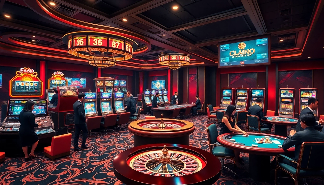 Players enjoying an exciting moment at nhà cái sv66, featuring vibrant slot machines and roulette tables.