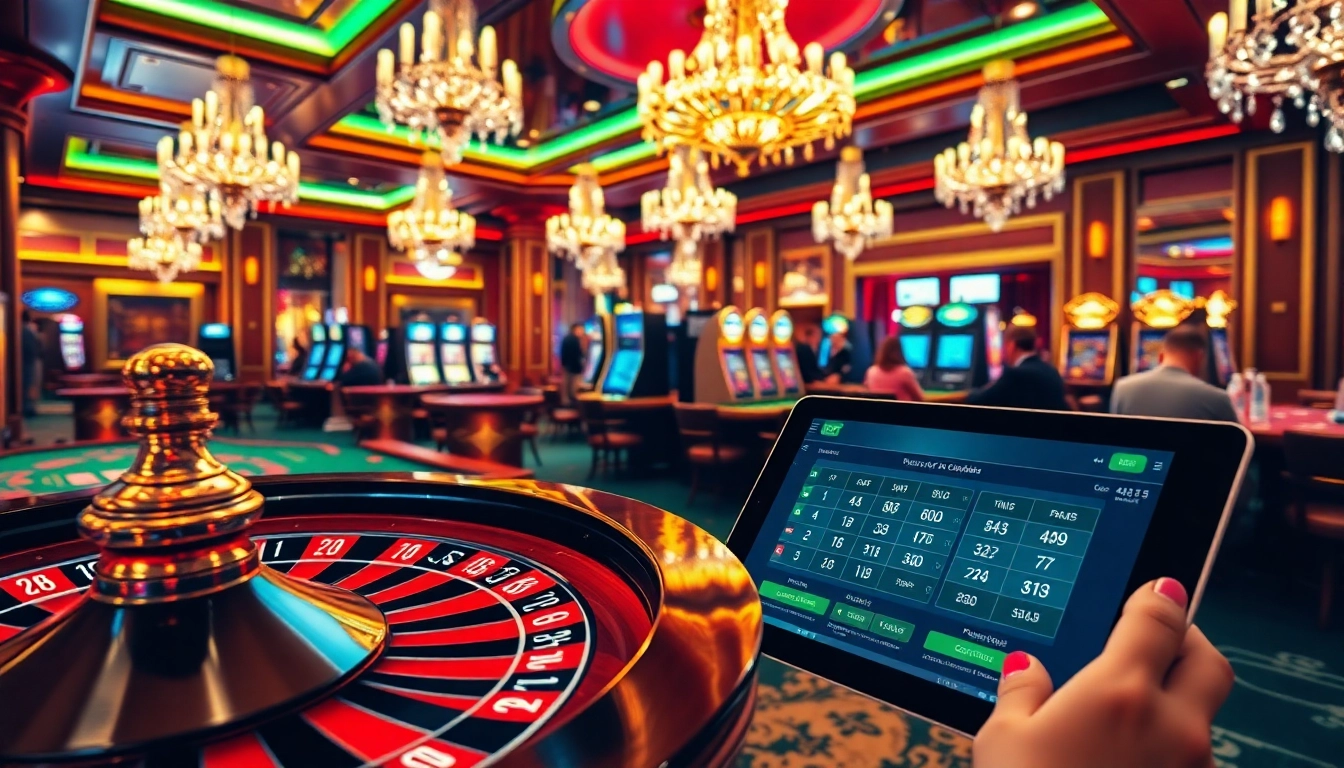 Gambling excitement at i9bet casino featuring roulette wheel and players at tables.