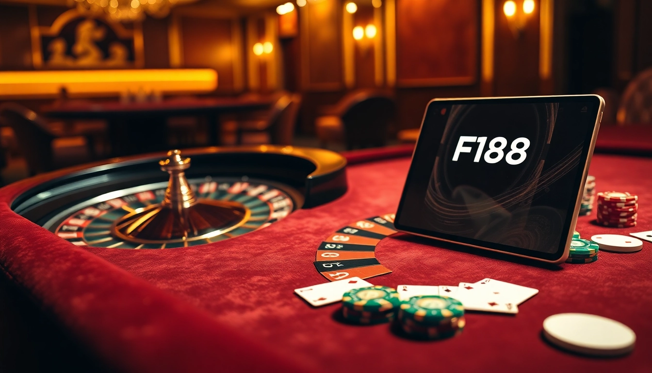 Experience F168's thrilling casino atmosphere with vibrant poker chips and an elegant roulette wheel.