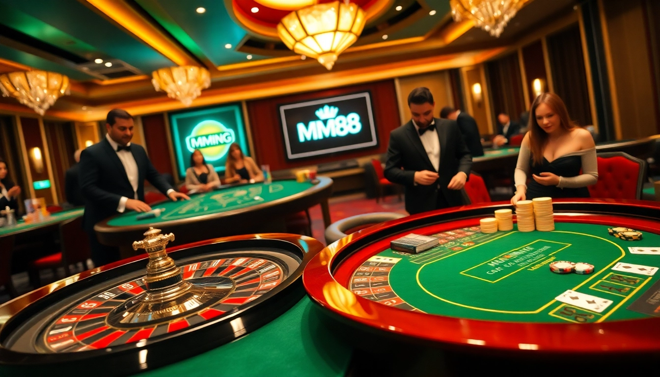 Experience luxury gaming at MM88 casino with vibrant tables, professional players, and poker chips.