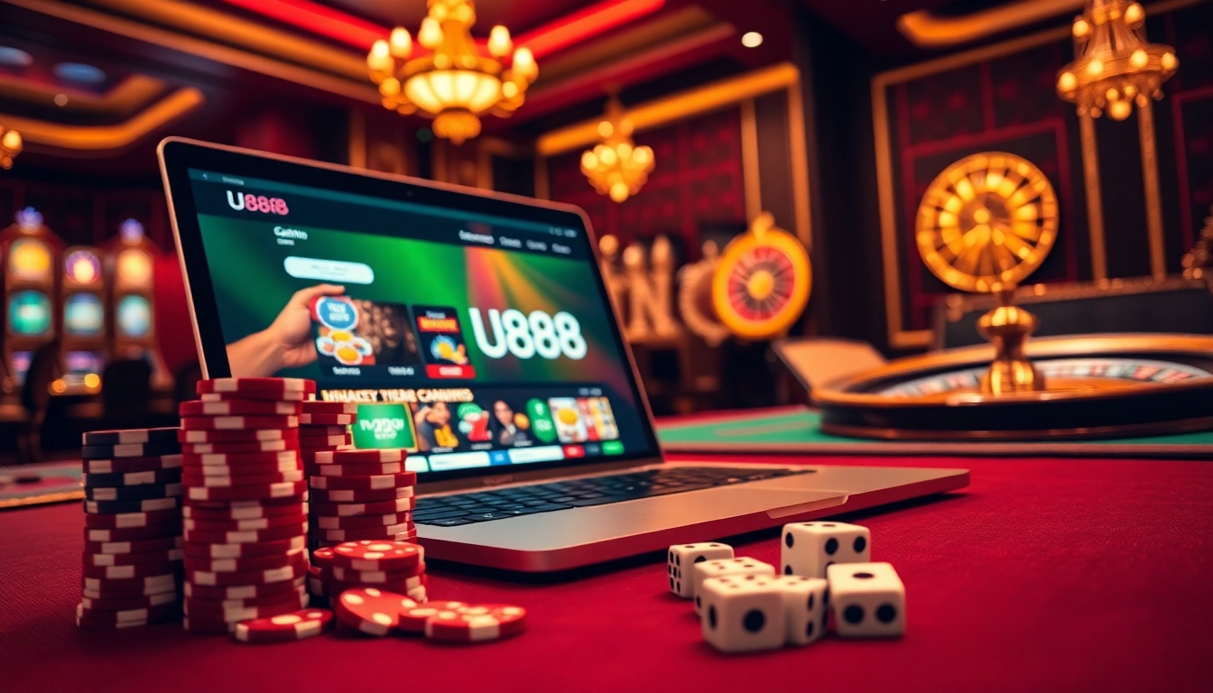 U888 online casino interface with poker chips and dice on a luxury table.